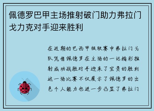 佩德罗巴甲主场推射破门助力弗拉门戈力克对手迎来胜利 佩德罗巴甲主场推射破门助力弗拉门戈力克对手迎来胜利