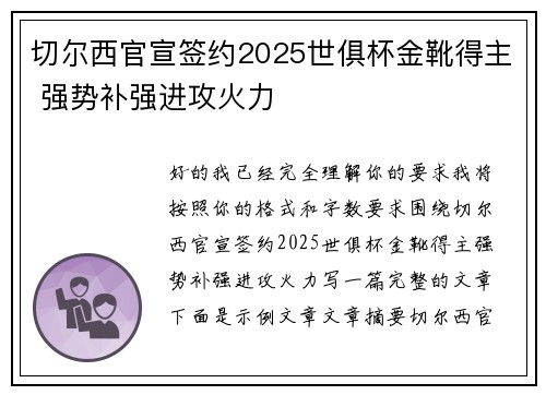切尔西官宣签约2025世俱杯金靴得主 强势补强进攻火力