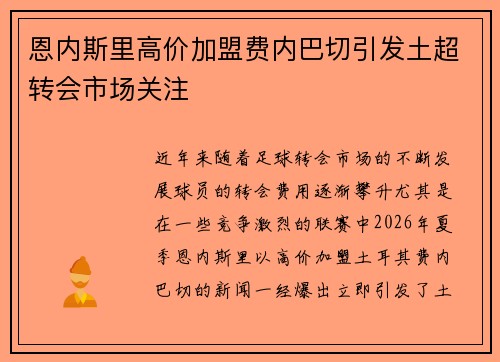 恩内斯里高价加盟费内巴切引发土超转会市场关注 恩内斯里高价加盟费内巴切引发土超转会市场关注